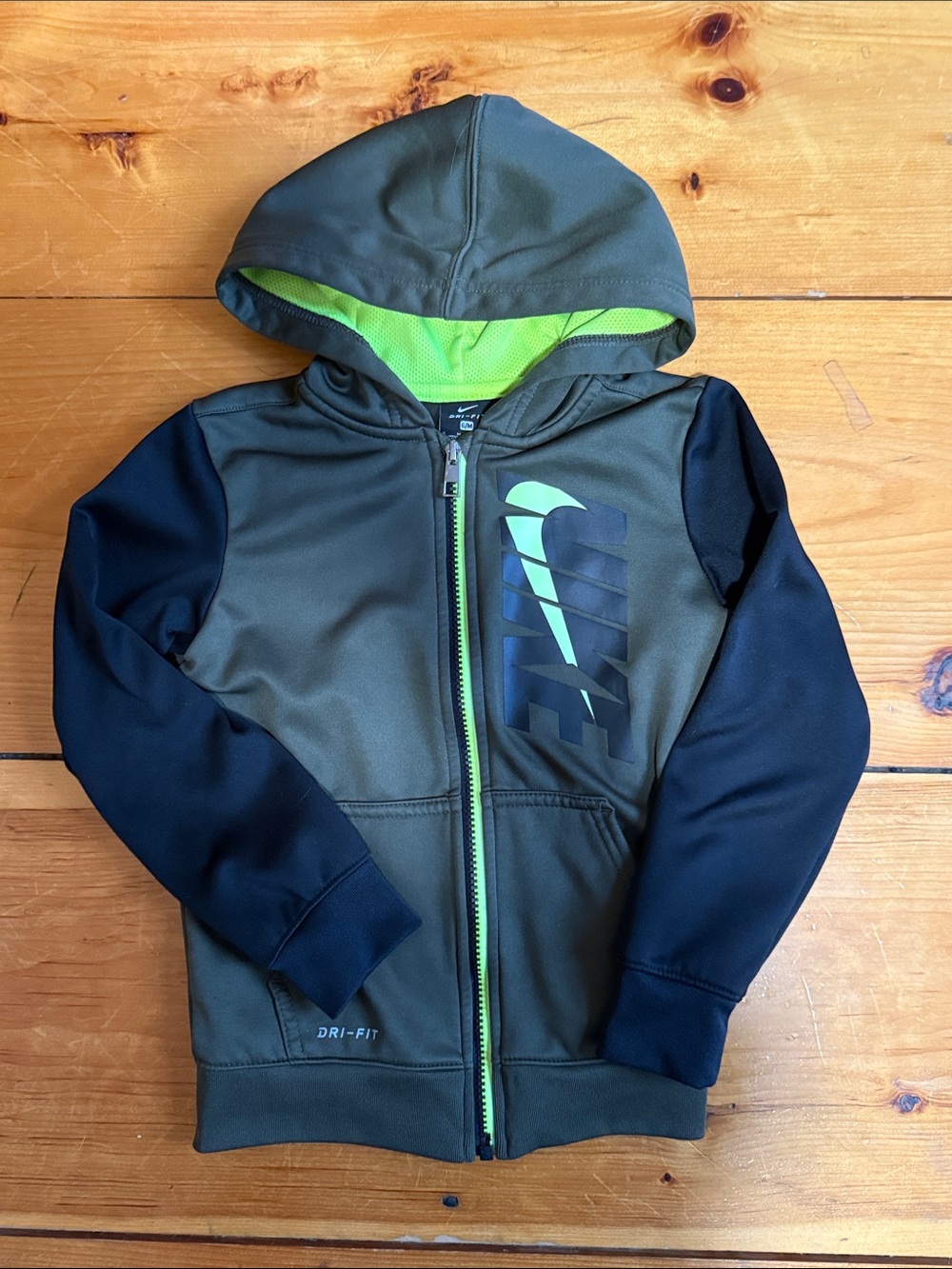 Nike Olive Green & Black Hooded Dri-FIT Jacket with Lime Accent